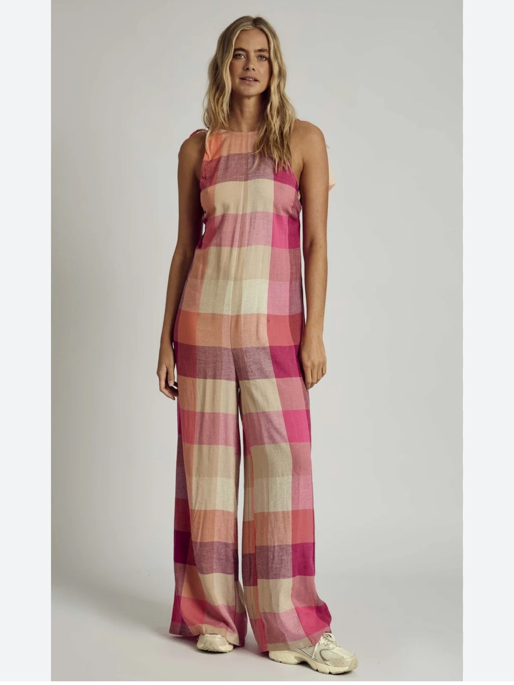 Native Youth ALMA HALTER NECK CHECK JUMPSUIT IN PINK MULTI